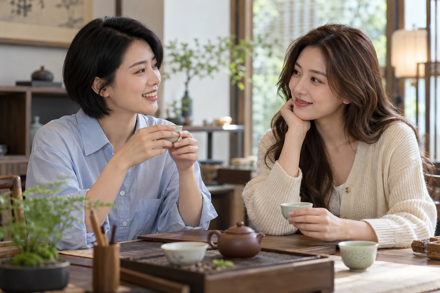 茶室中朋友围坐品饮交流