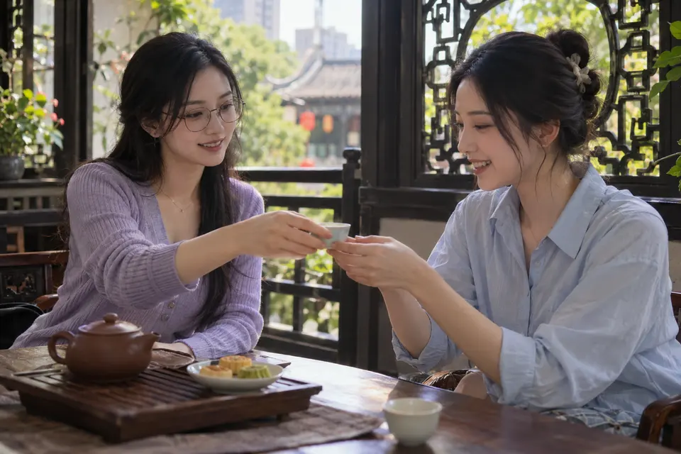 花窗旁茶点与茶杯的交流场景