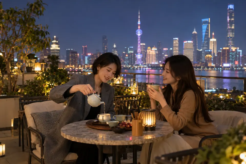 屋顶露台夜茶交流场景，茶友倒茶交谈