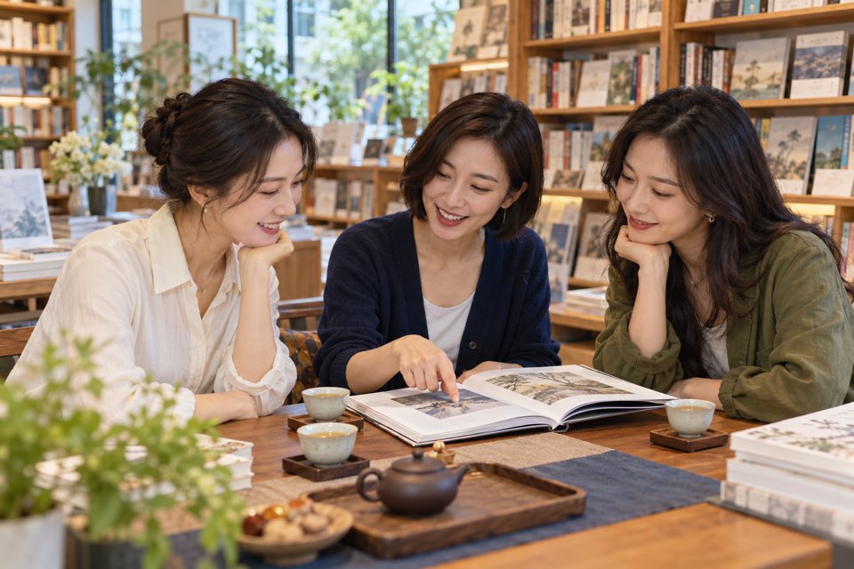 书店内年轻女性阅读与茶友交流