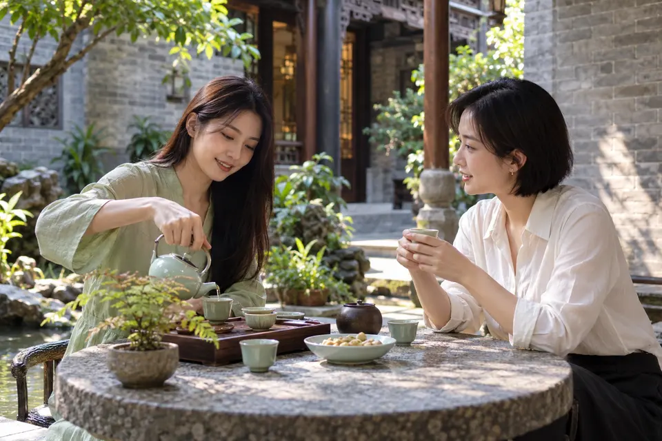 岭南庭院中倒茶交流的茶友场景